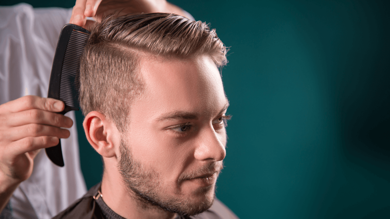 Man receiving a precise scissor haircut with comb, showcasing expert men’s hair cutting and barbering services at Hair Pro UK in Bexhill-on-Sea, East Sussex.